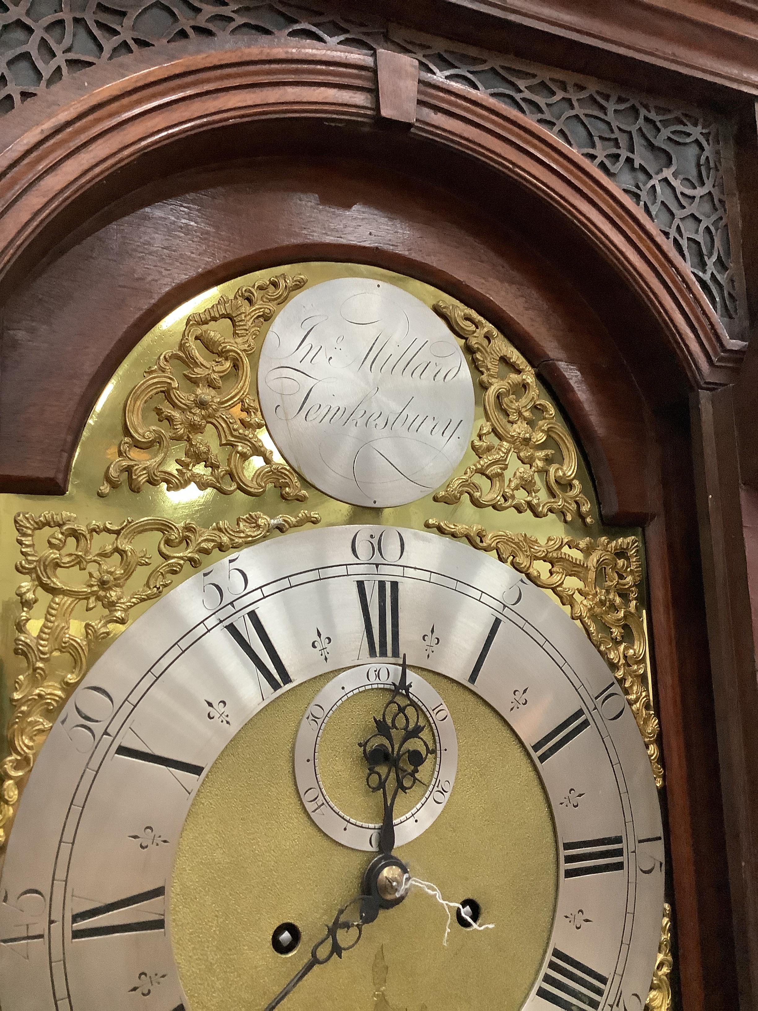 A George III mahogany eight day longcase clock, the brass dial marked Millard, Tewkesbury, height 209cm